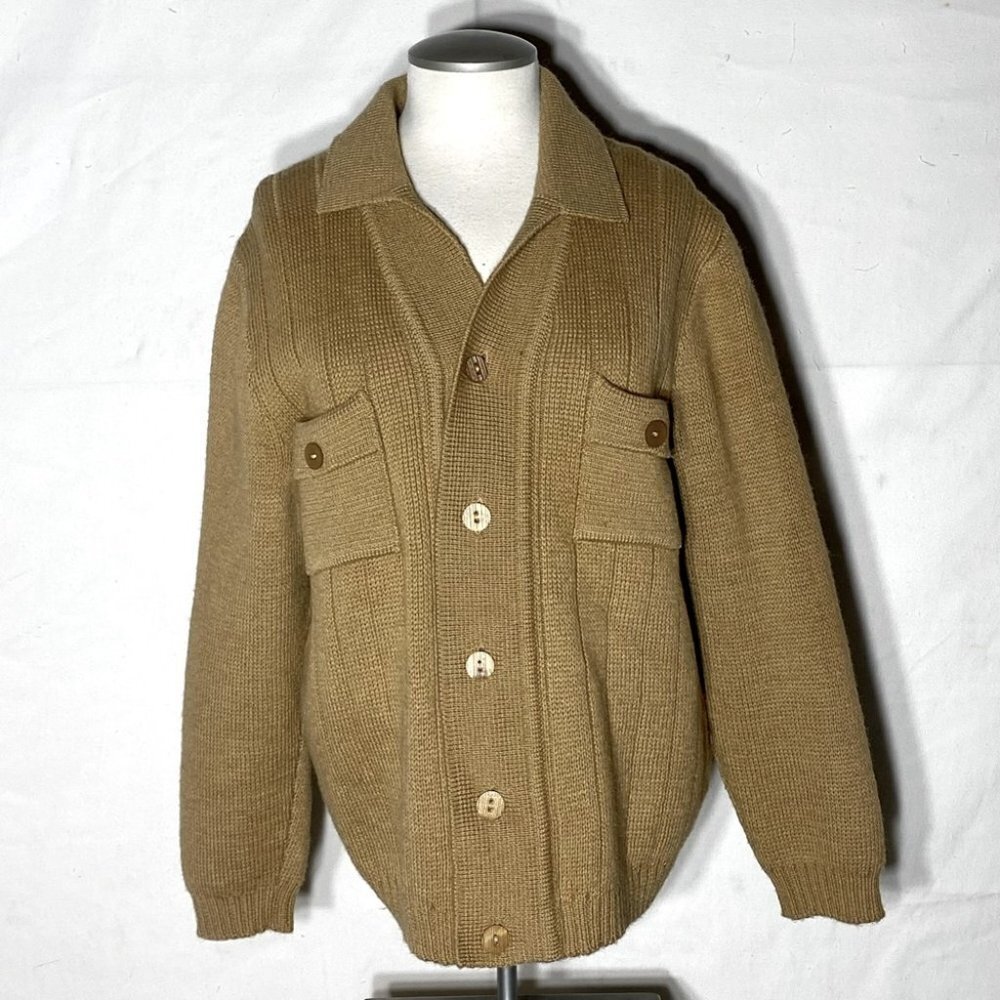 Vintage 70s Tan Button Up Cardigan Sweater W Pockets L Grandpacore Cottagecore